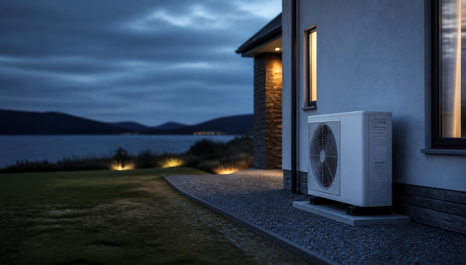 Air source heat pump unit outside a modern Scottish home at dusk