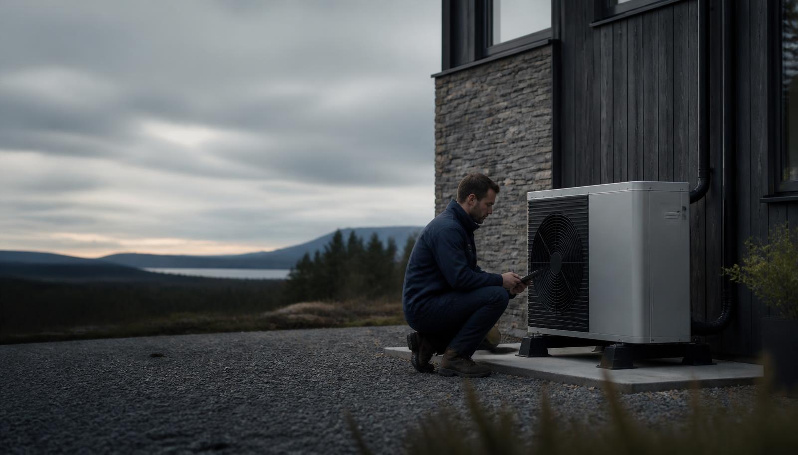 Engineer inspecting an air source heat pump unit