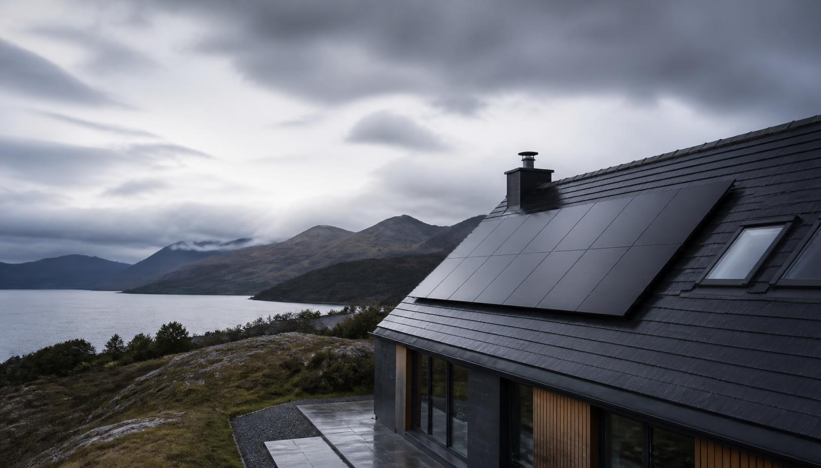 Solar PV panels on a slate roof with Scottish Highlands in the background
