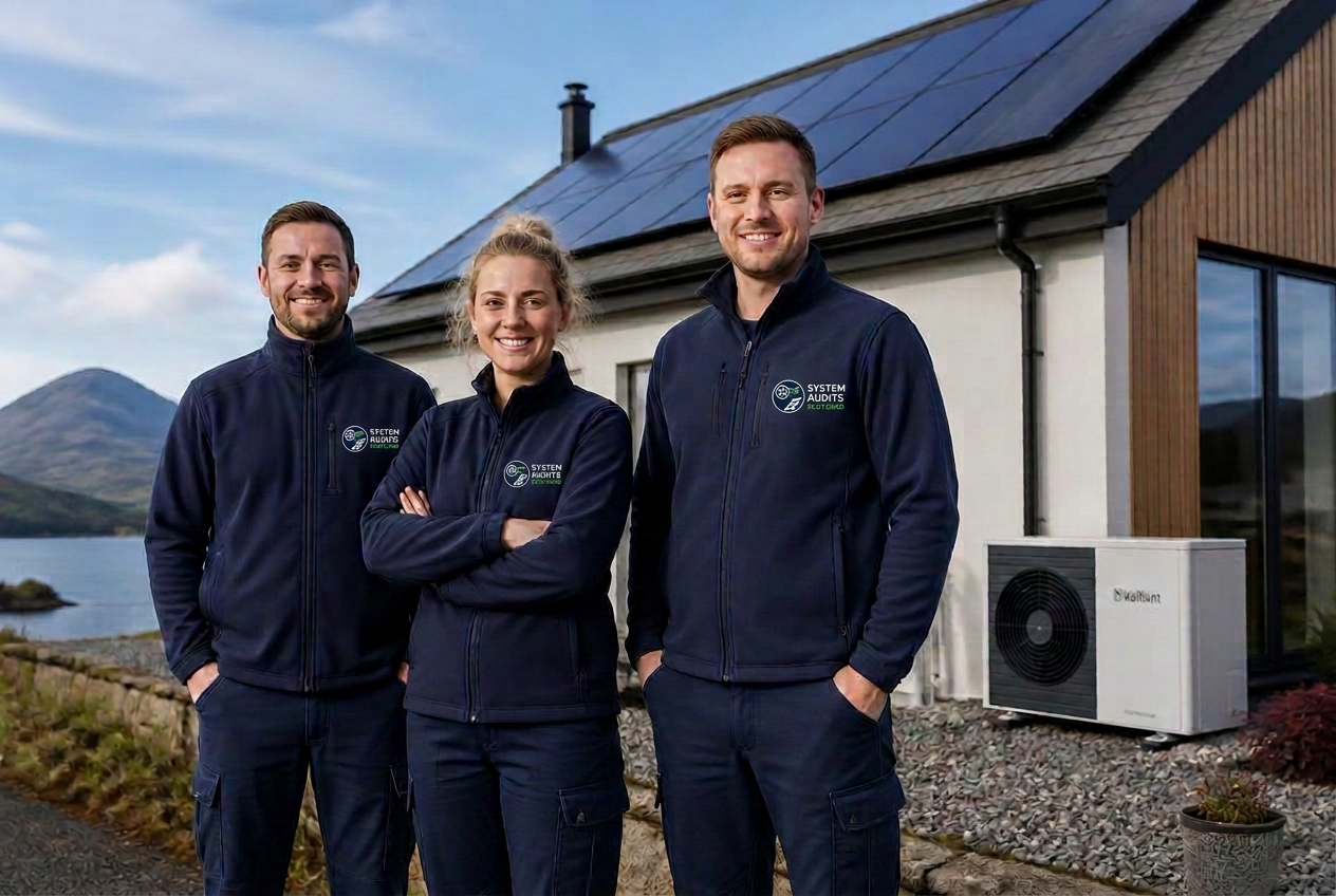 System Audits Scotland engineering team outside a modern home with heat pump and solar panels
