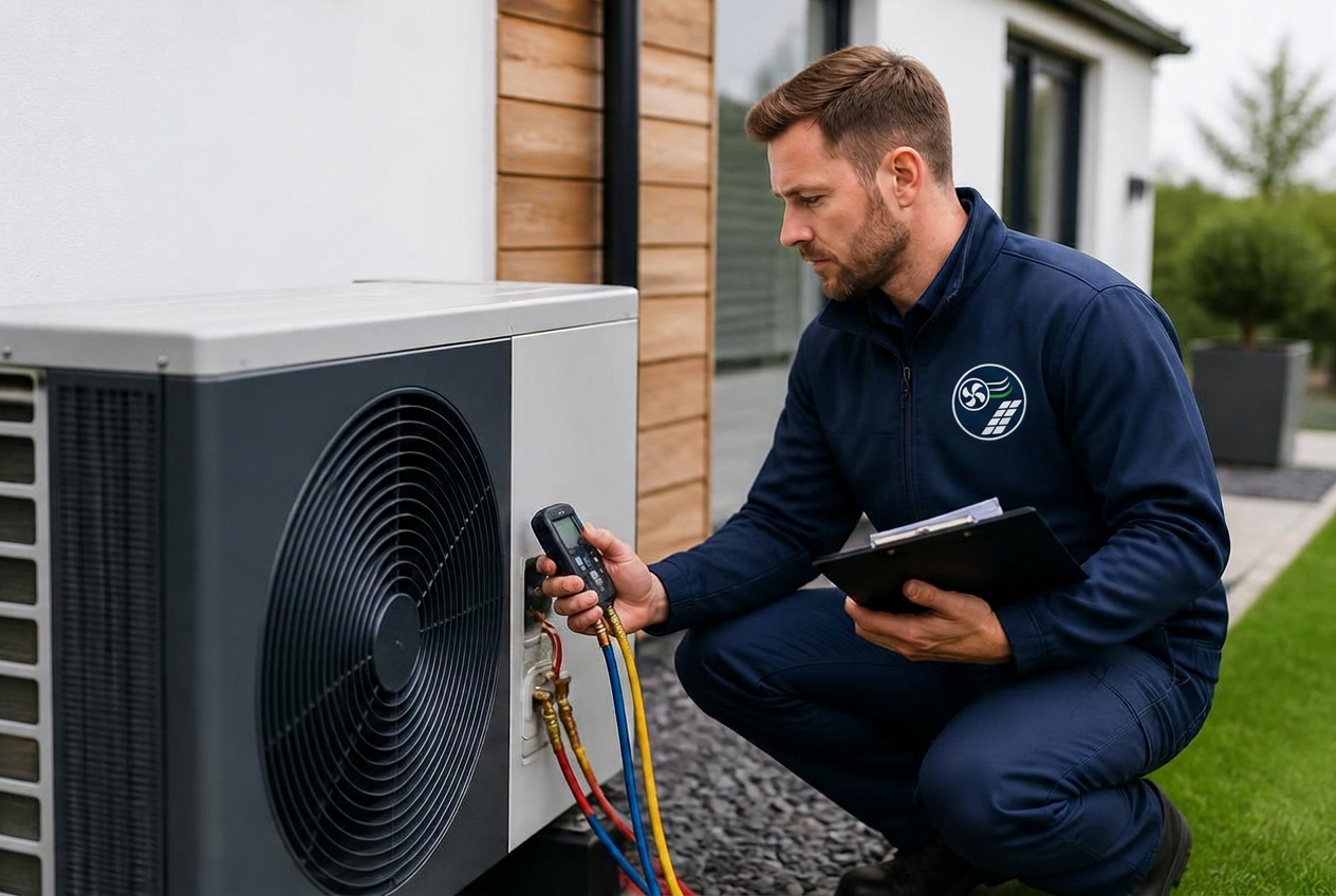Engineer servicing an air source heat pump unit