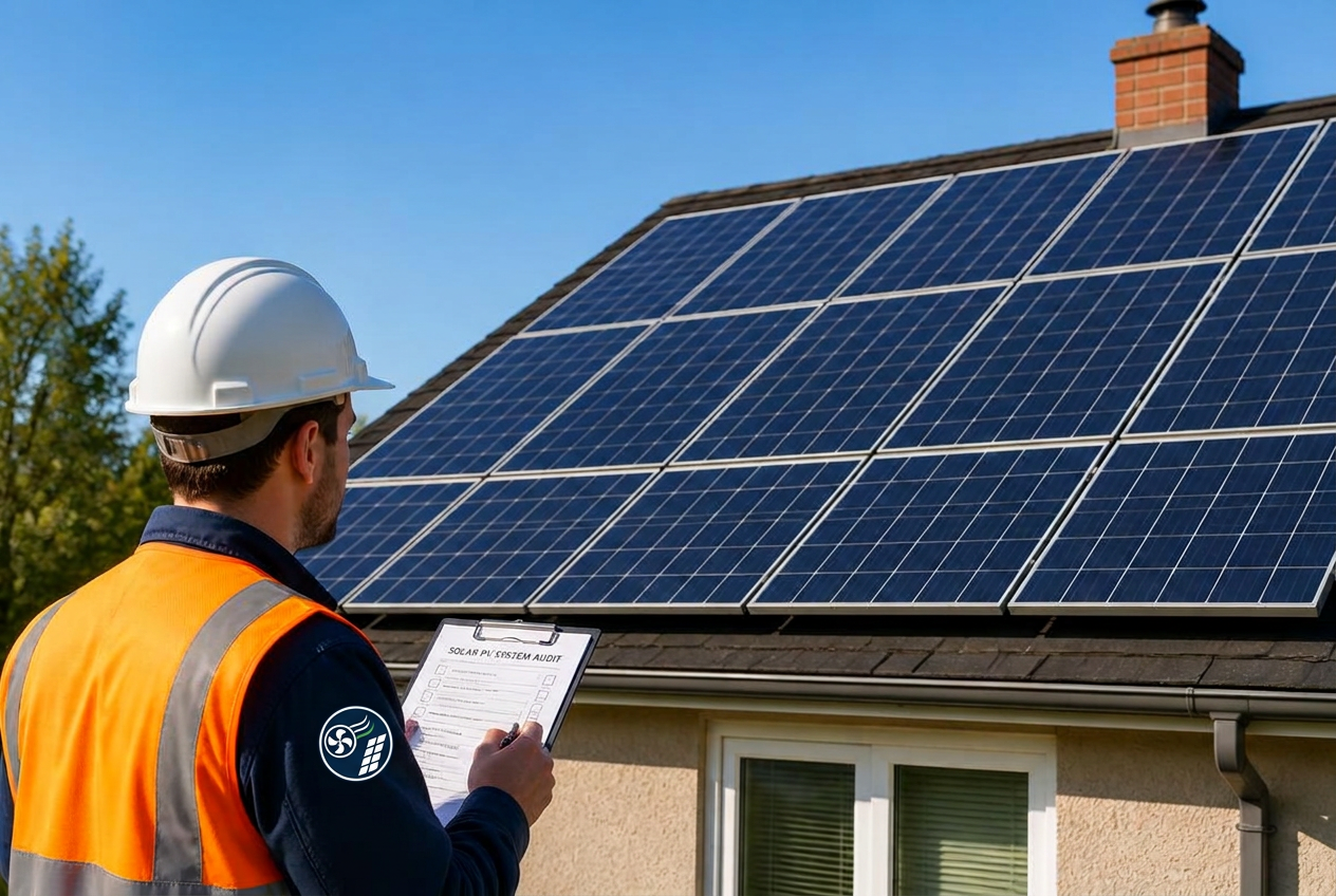 Engineer auditing solar PV panels on a residential roof